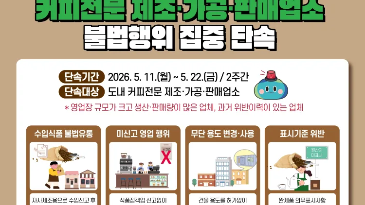 커피 제조·가공·판매업소 집중단속, 주요 점검 항목은